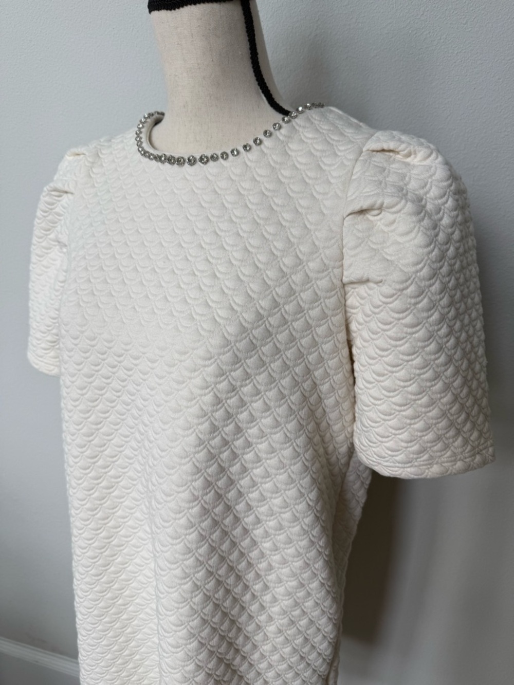entro Cream Textured Puff-Sleeve Dress with Embellished Neckline